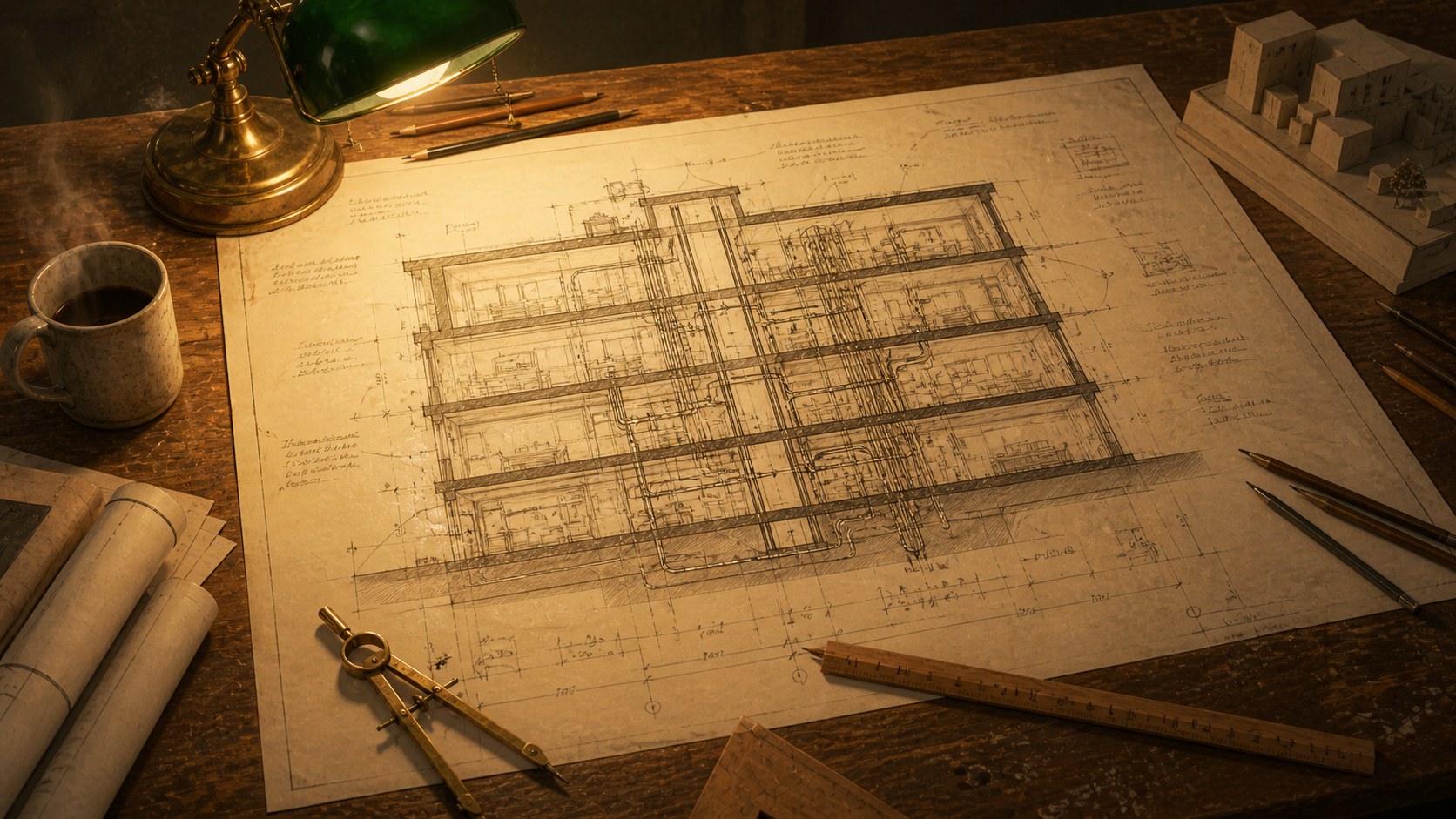 An architect's drafting table with a blueprint and brass instruments arranged in warm lamplight.