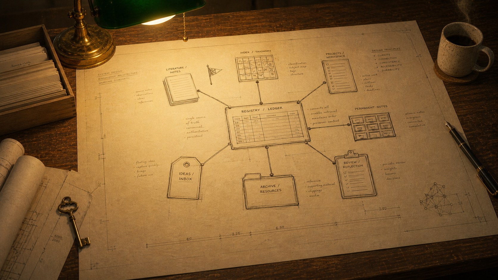 A hand-inked plan of a personal knowledge system laid out on a desk under a green-shaded lamp — boxes for registry, inbox, projects and archive, connected by drawn lines.