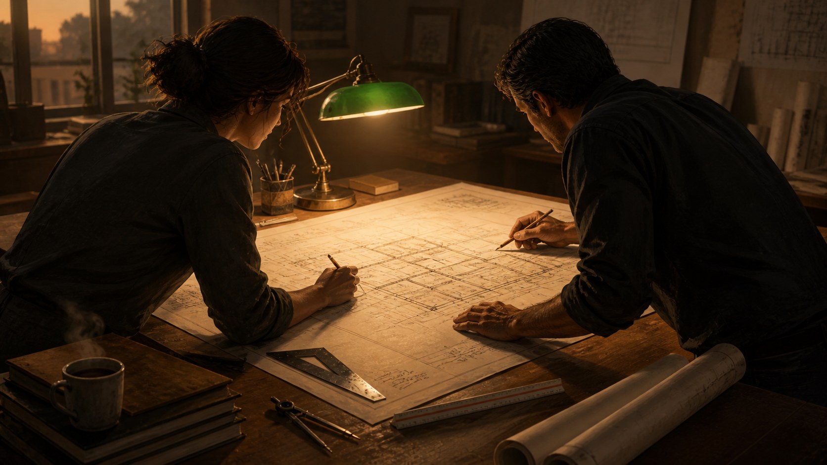Two figures at a shared drafting table, working together on a blueprint in warm evening light.