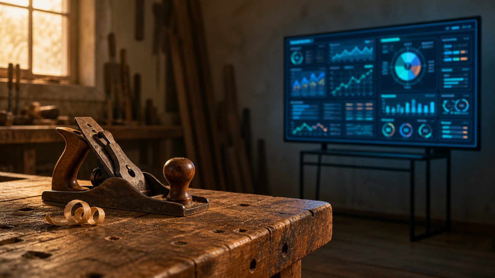 A craftsman's workbench in warm lamplight beside an unused, dust-gathering display case.