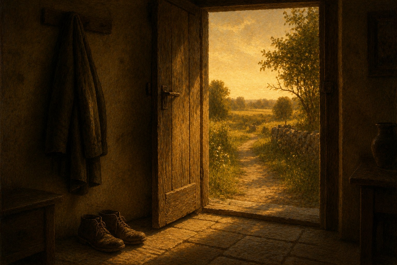 An open door onto a sunlit path