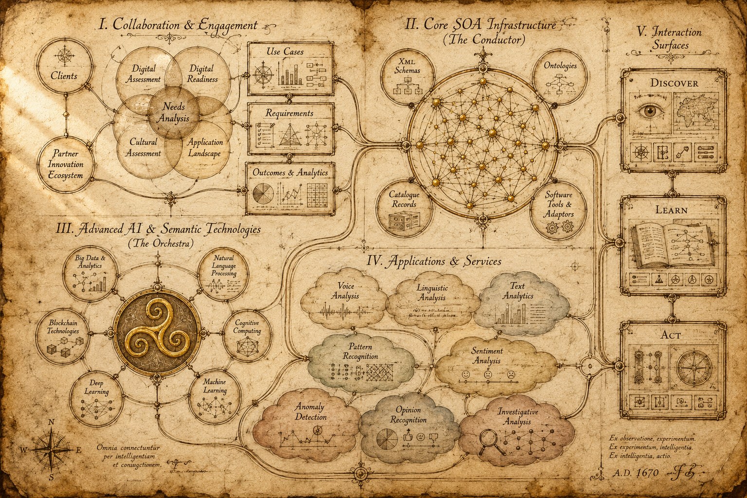 A four-quadrant platform architecture rendered as a 17th-century scholarly manuscript on aged parchment: Collaboration & Engagement (top left), Core SOA Infrastructure as 'The Conductor' with a central node-network (top right), Advanced AI & Semantic Technologies as 'The Orchestra' with a central trefoil symbol (bottom left), and Applications & Services rendered as overlapping cloud-shaped regions (bottom center). On the right, three stacked Interaction Surfaces panels labeled Discover, Learn, and Act. Hand-drawn in sepia ink and warm umber washes with subtle gold accents and Latin inscriptions.