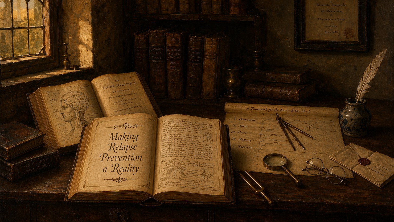 A 17th-century Dutch interior style still life — a researcher's working desk in warm window light. An open leather-bound book at center bears the calligraphic title 'Making Relapse Prevention a Reality.' Surrounding the book: a second open manuscript with an anatomical diagram, brass dividers and magnifying glass on a chart, a brass tuning fork, wire-rim spectacles, a wax-sealed letter, an inkpot with quill, and bookshelves receding into shadow.